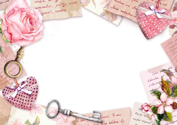 손으로 쓴 편지, 분홍색 장미 꽃, 하트, 우표, 열쇠. 빈티지 카드 — 스톡 사진