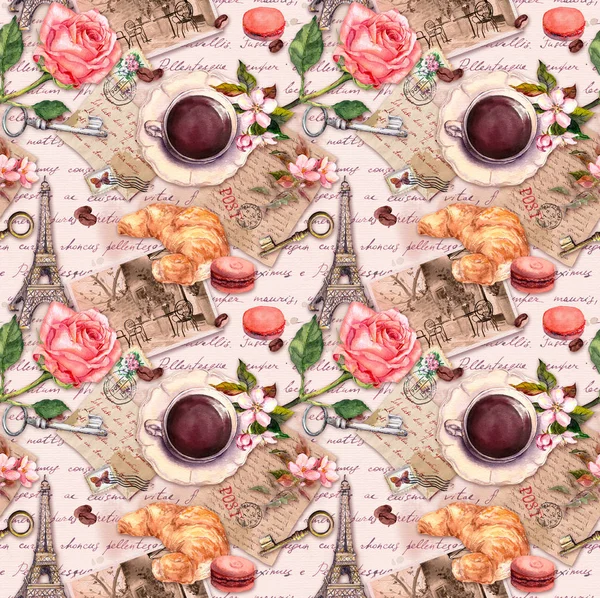 Hand written letters, Eiffel Tower, coffee or tea cup, macaroon cakes, rose flowers, stamps and keys. Vintage seamless pattern — Stock Photo, Image