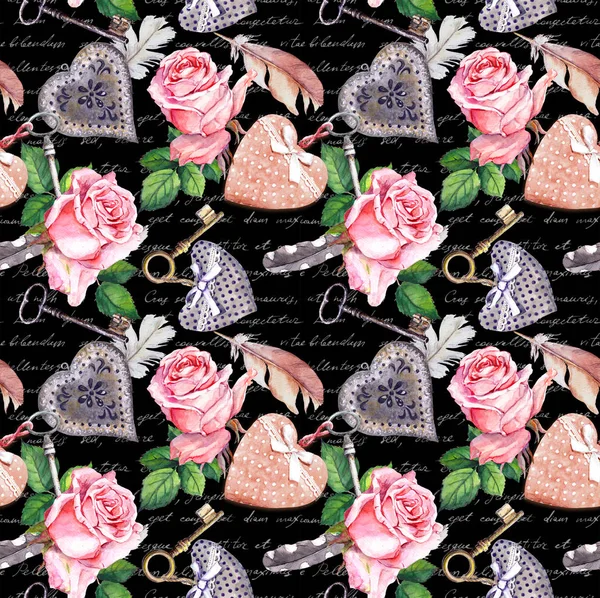Rosa rosor, hjärtan, akvarell fjädrar, nycklar. Svart bakgrund med handskriven text. Sömlöst mönster i vintagestil — Stockfoto