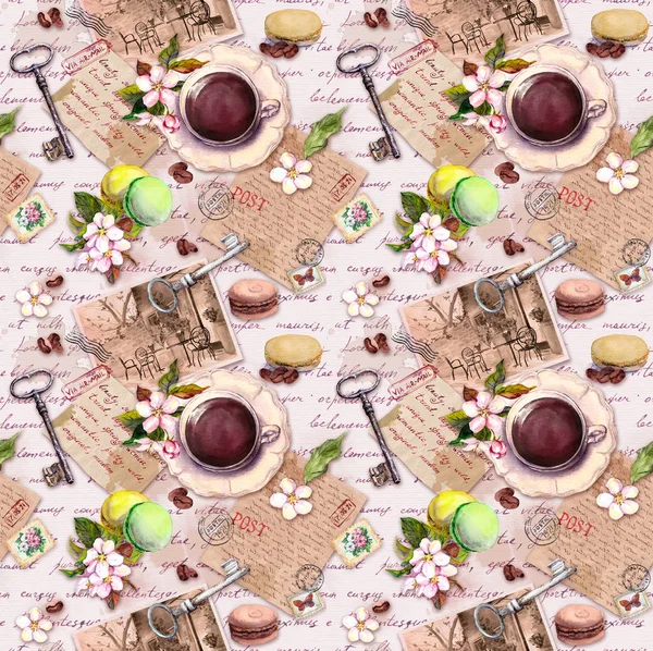 Vintage oude papier, koffie of thee beker, Macaroon taarten, bloemen, hand geschreven brieven, sleutels. Retro design. Naadloos patroon — Stockfoto