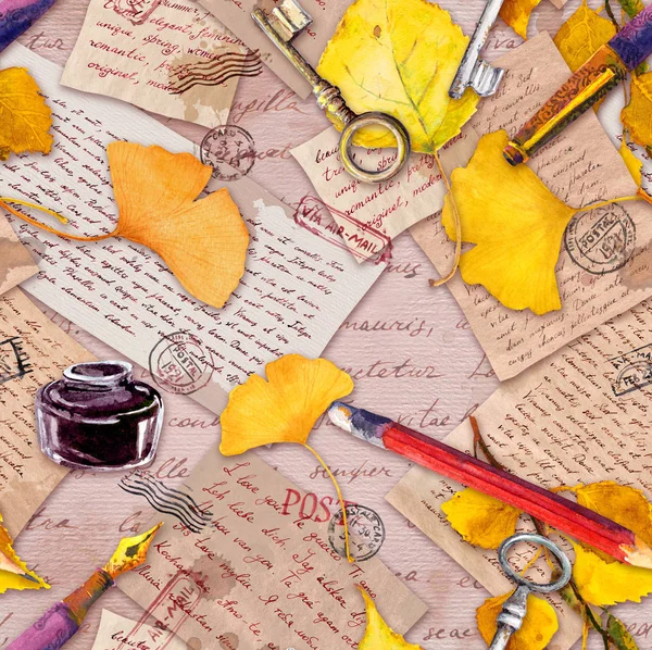 Hojas amarillas otoñales, papel viejo, cartas, notas manuscritas y llaves vintage, pluma, lápiz, botella de tinta. Patrón sin costuras. Acuarela —  Fotos de Stock
