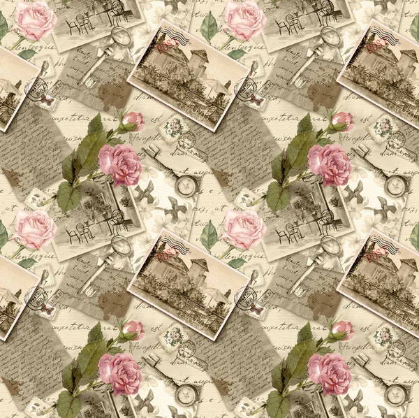 Vintage vecchia carta con lettere scritte a mano, fotografie, francobolli, chiavi, acquerello rosa fiori per la prenotazione di rottami — Foto Stock