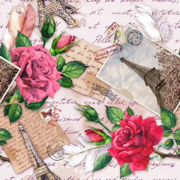 Cartas escritas a mano, foto vintage de la Torre Eiffel, flores de rosas, sellos postales y plumas. Patrón sin fisuras sobre Francia y París —  Fotos de Stock