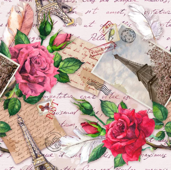 Hand written letters, vintage photo of Eiffel Tower, rose flowers, postal stamps and feathers. Seamless pattern about France and Paris