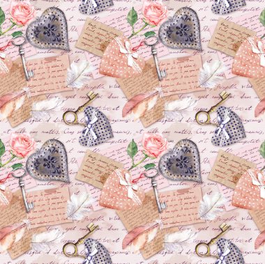Vintage yaşlı kağıt, çiçekler, el yazılı mektuplar, anahtarlar, güller, pembe tekstil kalpleri. Kesintisiz arka plan