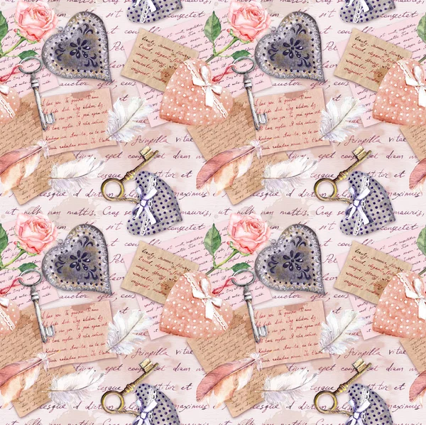 Papel añejo vintage, flores, cartas escritas a mano, llaves, rosas, corazones textiles rosados. Fondo sin costuras — Foto de Stock