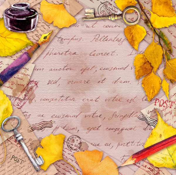 Herfst gele bladeren, leeftijd papier, letters, hand geschreven tekst en vintage pen, potlood, inktfles. Vintage kaart, lege, frame — Stockfoto