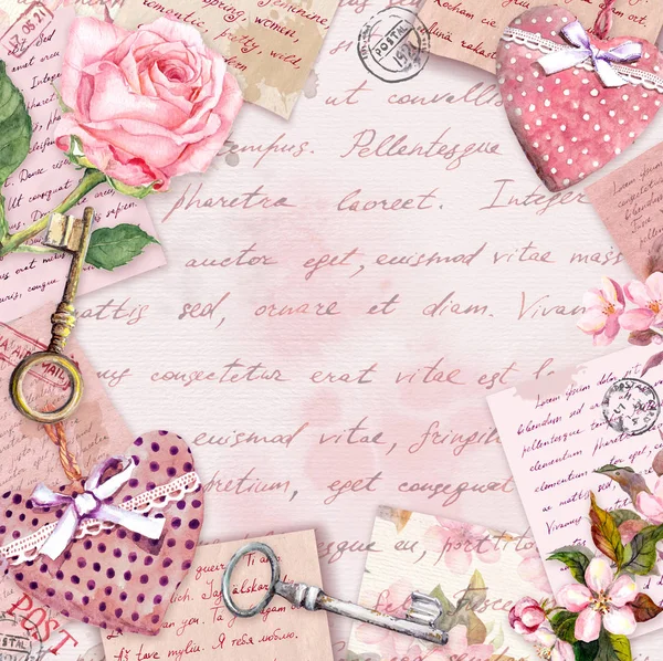 Aged paper with rose flowers, hand written letters, keys, roses, pink textile hearts. Vintage card — Stock Photo, Image