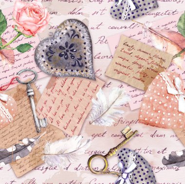 Vintage yaşlı kağıt, çiçekler, el yazılı mektuplar, anahtarlar, güller, pembe tekstil kalpleri. Kesintisiz arka plan