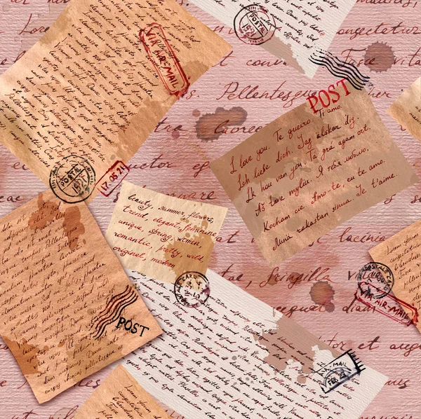 Papel antigo vintage com cartas escritas à mão e selos postais. Repetir papel de parede para design de interiores — Fotografia de Stock