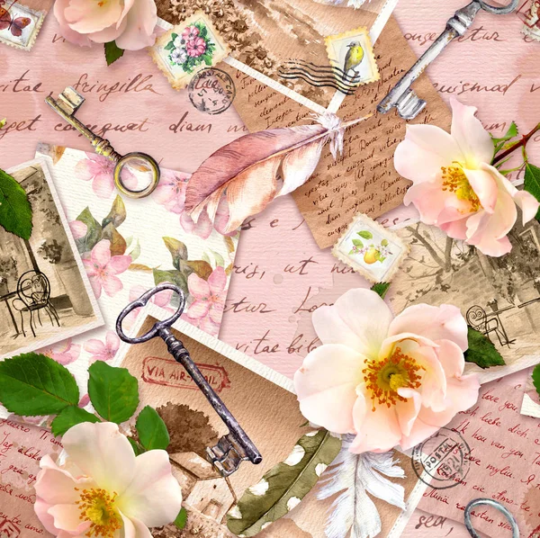 Vintage φόντο, ρετρό σχεδιασμό, παλαιωμένο χαρτί, τριαντάφυλλα λουλούδια, νότες, ακρυλικά φτερά, κλειδιά. Επαναλαμβάνοντας floral μοτίβο για το σχεδιασμό ταπετσαρία — Φωτογραφία Αρχείου