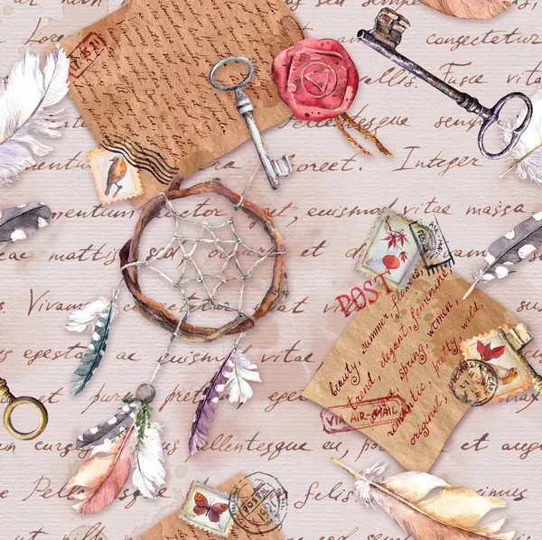 Papier vieilli vintage avec lettres manuscrites, vieilles clés, plumes vintage, attrape-rêves pour scrapbook — Photo