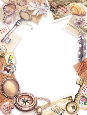 Vintage seyahat kartı, boş. Pusula, el yazısıyla yazılmış mektuplar, eski anahtarlar, pullar, mühürler, kabuklar. Mektuplar, tüyler