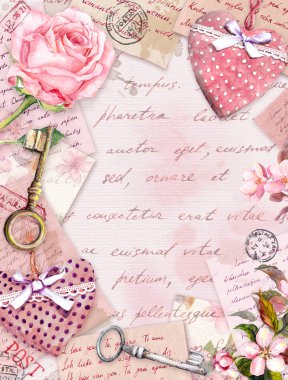 Gül çiçekleri, el yazısı mektuplar, anahtarlar, güller, pembe tekstil kalpler ile yaşlı kağıt. Vintage kart