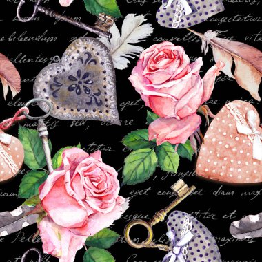 El yazısı metin, yabani güller, tüyler, el yazısı notlar ile tuşları. Dikişsiz desen, vintage tarzı. Siyah arka planda suluboya
