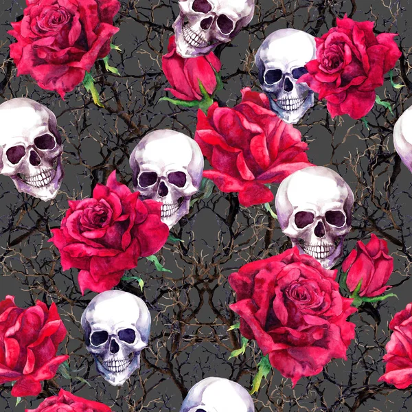 Skulls, rose flowers and branches. Repeating pattern. Watercolor for Halloween