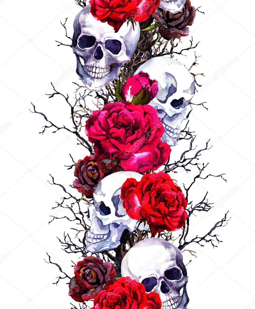 Human skulls with rose flowers, branches. Seamless border frame for Halloween. Watercolor