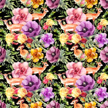 Antilop hayvan ve çiçekler. Yinelenen desen. Çiçek li su rengi