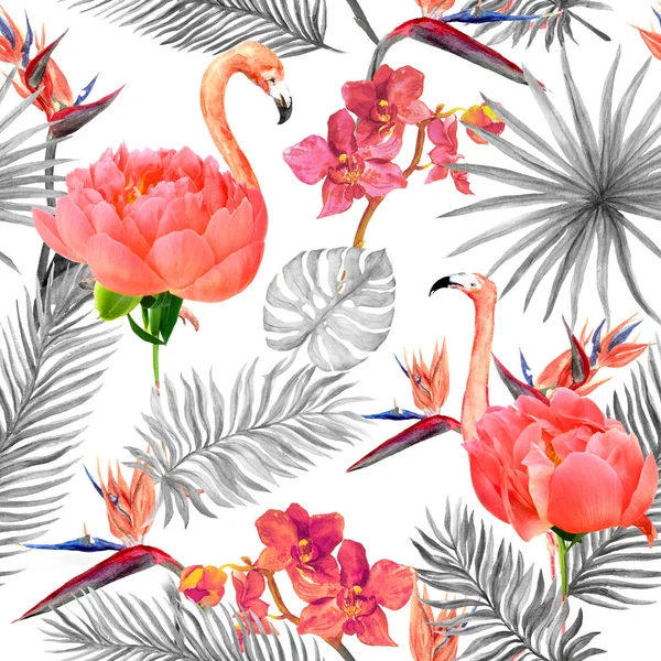 Фламінго з рожевими піоновидними квітами, тропічним листям, екзотичними квітами. Безшовний візерунок в нейтральних сірих і рожевих кольорах. Акварель — стокове фото