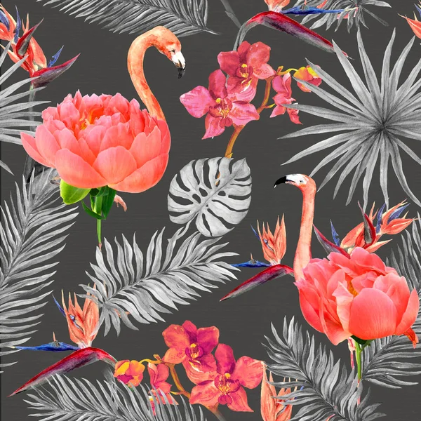 Flamingo met roze pioen bloemen, tropische bladeren en exotische bloemen. Naadloze patroon op zwarte achtergrond. Aquarel — Stockfoto