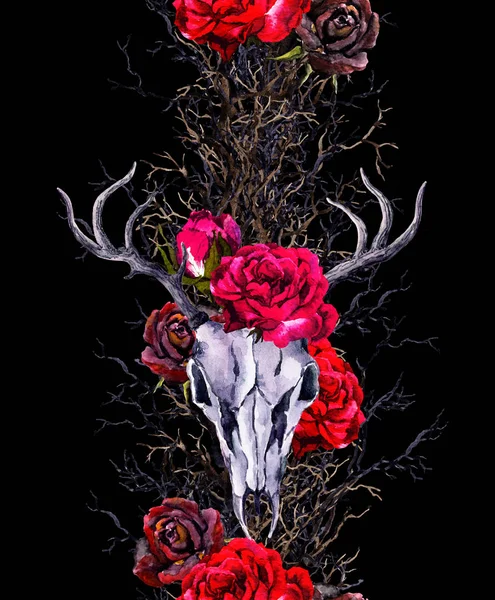 Szarvas állati koponyát, Rózsa virágok, ágak. Varrat nélküli határ test. Akvarell — Stock Fotó