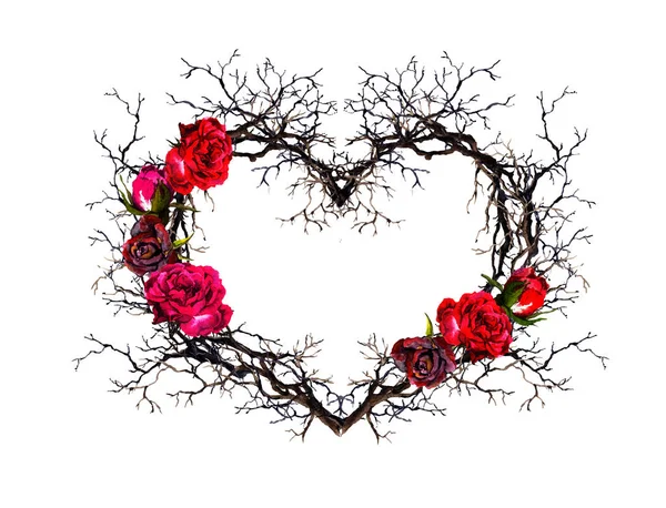 Květinový věnec - tvar srdce. Větvičky, růžové květy. Akvarel, gothic styl — Stock fotografie