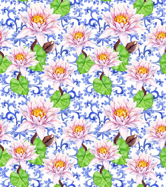 Flores de lirio, nenúfar, adornado diseño oriental. Patrón floral sin costuras. Color de agua —  Fotos de Stock