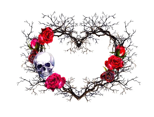Forme cardiaque, crâne humain. Des brindilles, des fleurs roses. Aquarelle de style gothique grunge — Photo