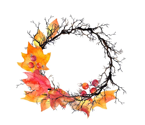Dalları, akçaağaç yaprakları, sonbahar meyveleri ile çelenk. Suluboya sonbahar çerçevesi — Stok fotoğraf