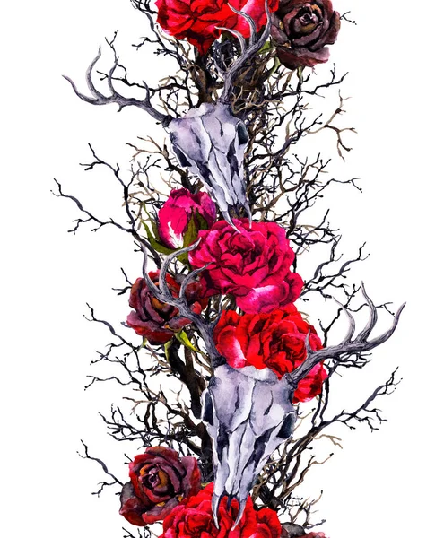 Deer animal skulls with rose flowers, branches. Seamless border frame. Watercolor