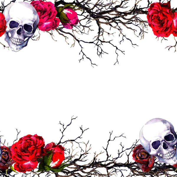 Human skulls with rose flowers, branches. Seamless border frame. Watercolor card