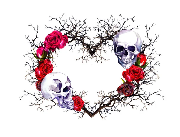 Coeur avec crâne humain. Branches, fleurs roses rouges. Aquarelle pour Halloween — Photo