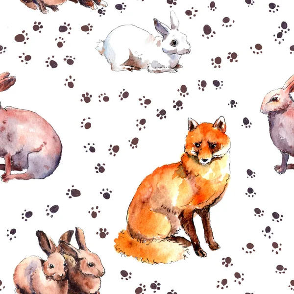 Forest animals: rabbits, fox. Wild animal pattern with foot print. Repeating watercolour sketch — Stock Image Forest animals: rabbits, fox. Wild animal pattern with foot print. Repeating watercolour sketch Stock Image