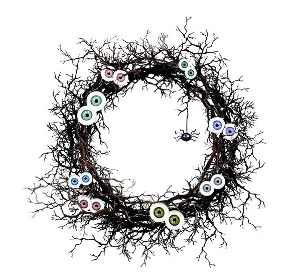 怖い枝、目、クモを持つ花輪。ハロウィーンのための水彩画の境界線 — ストック写真