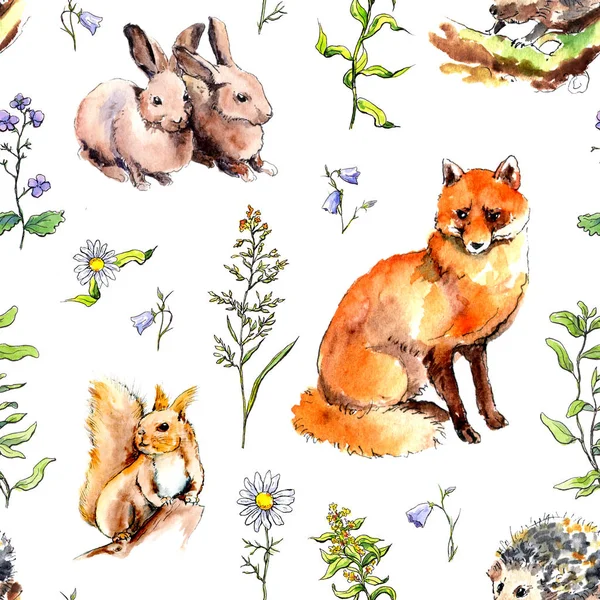 Лісові тварини - кролики, лисиця, білка, їжак у траві, квіти. Безшовні візерунки. Акварель в стилі ескізів — стокове фото