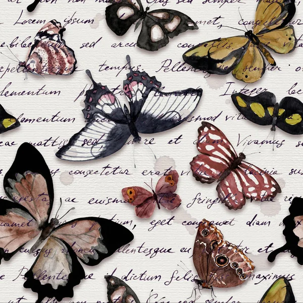 Butterflies and handwritten letter and text. Repeating background with monochrome butterfly. Watercolor in neutral color — Stock Photo, Image