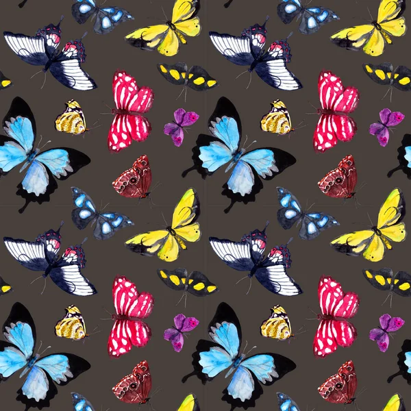 Butterflies. Seamless pattern with tropical butterflies in night. Watercolor on dark background — 스톡 사진