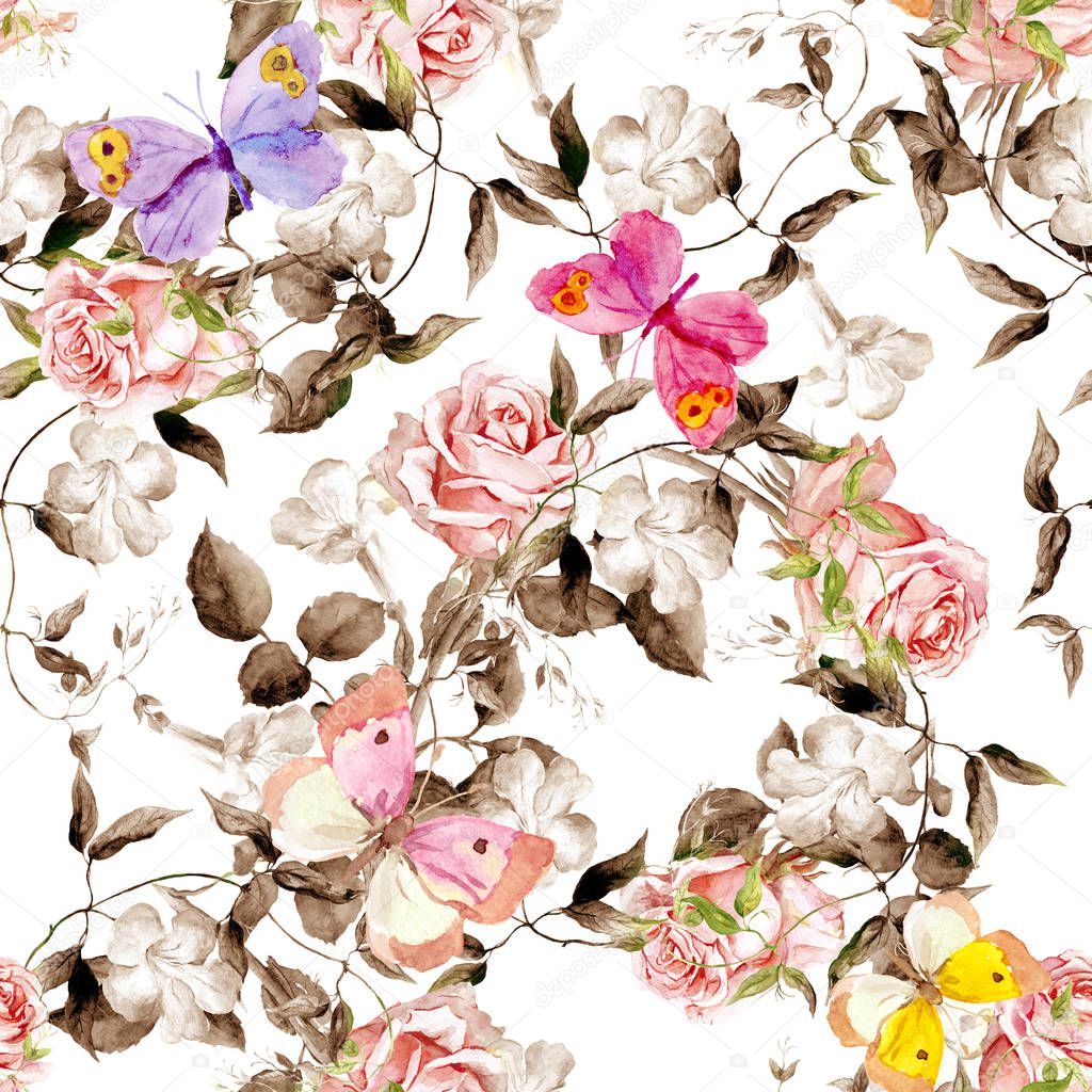 Rose flowers and butterflies. Delicate watercolor. Spacial seamless pattern in monochrome black, white colors