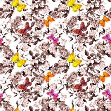 Çayır çiçekleri, kelebekler. Botanik suluboya. Vintage pastel renklerde arka planı yineleme