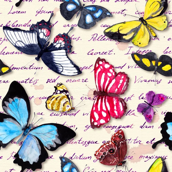 Schmetterlinge und handgeschriebene Textnotizen. nahtloses Muster mit exotischem Schmetterling. Aquarell — Stockfoto