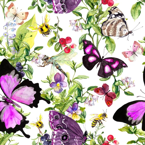 Owady-motyle, pszczoły, ważki w polu kwiatów, letnie jagody, dzikie zioła, trawa łąkowa. Płynne tło. Akwarela — Zdjęcie stockowe