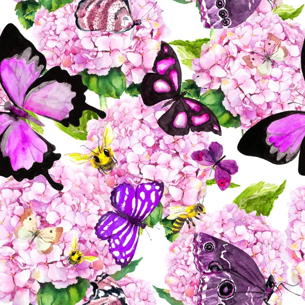 Pink hortensia blommor, fjärilar, bin. Sömlöst blommönster. Akvarell. — Stockfoto