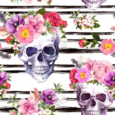 İnsan kafatasları, çiçekler. Siyah çizgili kusursuz desen. Suluboya