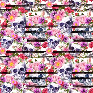 İnsan kafatasları, Ölüler Günü için parlak çiçekler. Siyah çizgili kusursuz desen. Suluboya