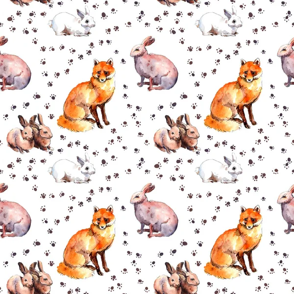 Fox and rabbits. Wild animal wallpaper with footprint. Repeating watercolor sketch — Stock Image Fox and rabbits. Wild animal wallpaper with footprint. Repeating watercolor sketch Stock Image
