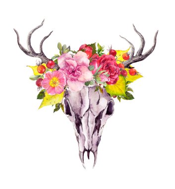 Deer animal skull with autumn leaves, flowers. Watercolor in vintage boho style
