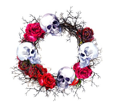 Kafatasları, kırmızı gülleri, dalları olan çelenkler. Cadılar Bayramı için suluboya sınırı