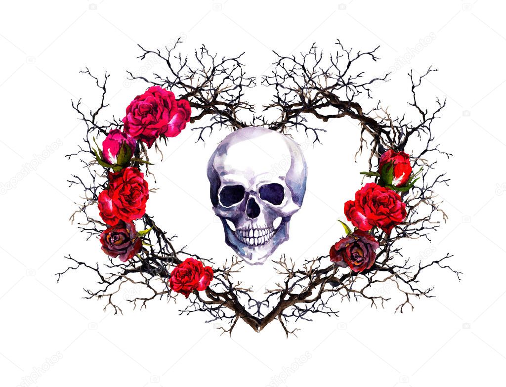 Heart shape, human skull. Twigs, rose flowers. Watercolor in grunge gothic style