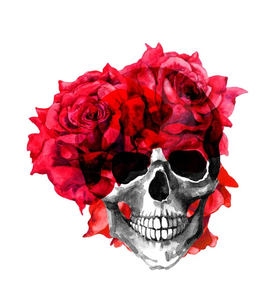 Crânio humano, flores vermelhas de rosas. Aquarela para cartão de Halloween — Fotografia de Stock