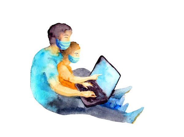 L'uomo e suo figlio in maschera medica stanno a casa, usano il portatile. Illustrazione ad acquerello - lavoro in quarantena pandemica da virus covid-19. Immagine su famiglia, genitore e figlio in autoisolamento coronavirus — Foto Stock